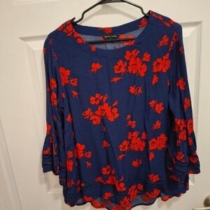 JOHN MARK‎ Navy Blue Red Floral Bell Sleeve Flounce Hem Blouse Top L